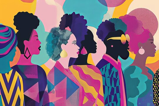 A vibrant illustration showcasing a group of diverse women symbolizing the balance of gender roles within a progressive society. Generative AI