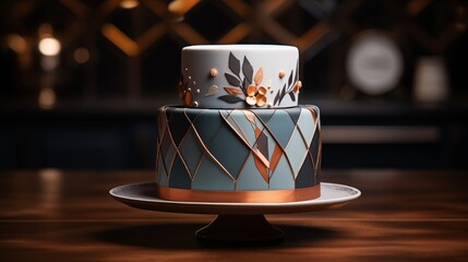 Cake with a hand-painted geometric design in muted colors.