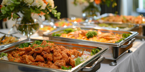 Sensational Buffet Showcase: Long Table Overflowing with Delightful Chafing Dishes
