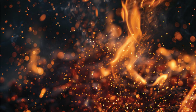 Burning sparks flying. Beautiful flames. Detail of fire sparks isolated on a black background. Fire flames on black background