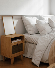 Fototapeta premium Mockup frame in light cozy and simple bedroom interior background, 3d render