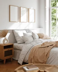 Fotobehang Mockup frame in light cozy and simple bedroom interior background, 3d render © artjafara