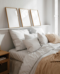 Mockup frame in light cozy and simple bedroom interior background, 3d render - 774451228