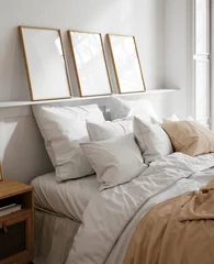 Fototapeten Mockup frame in light cozy and simple bedroom interior background, 3d render © artjafara