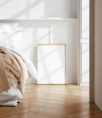 Mockup frame in light cozy and simple bedroom interior background, 3d render - 774451229