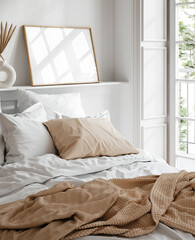 Mockup frame in light cozy and simple bedroom interior background, 3d render - 774451232