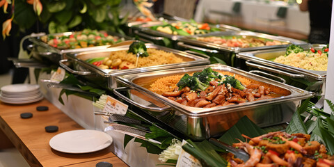 Indulgent Buffet Affair: Long Table Overflowing with Decadent Chafing Dishes