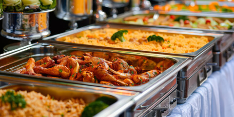Gourmet Buffet Extravaganza: Long Table Laden with Irresistible Chafing Dishes