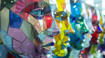 A group of colorful faces made out of glass are lined up, AI