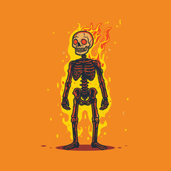 A fiery skeleton on an orange background