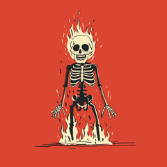 A fiery skeleton on an orange background