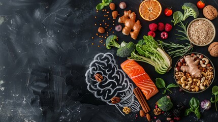 A chalk drawing of a brain with foods like salmon, veggies, nuts, and berries around it on a black...