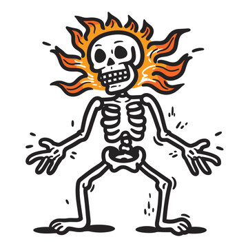 A fiery skeleton on an orange background