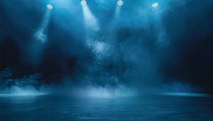 The dark stage with smoky dark blue background. an empty dark room with window shadows for display products. Concert stage with blue spotlight.