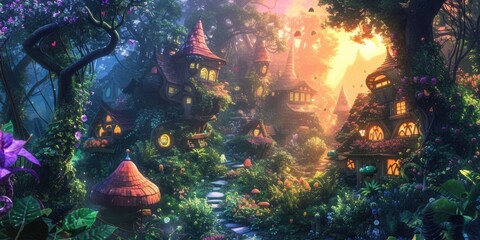 Nestled in an enchanted forest, this village boasts whimsical fairytale cottages surrounded by lush greenery and blooming flowers. Resplendent. - obrazy, fototapety, plakaty