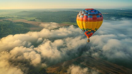 Fototapeta premium Colorful hot air balloon gracefully floats amidst the clouds.