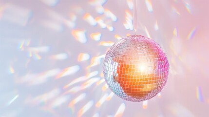 Fototapeta na wymiar Disco ball suspended against a bright white background.