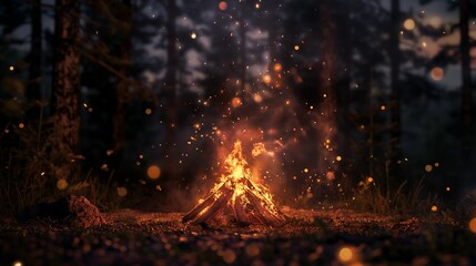 Image of a campfire burning bright in the dark of the forest night.