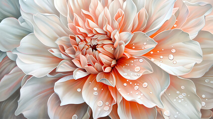 a meticulously painted flower in full bloom. Its large, vibrant petals exhibit shades of peach, white, and soft orange - obrazy, fototapety, plakaty
