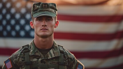 Image of an American soldier against an American flag background.