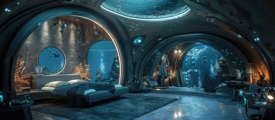 Bioluminescent Aquatic Haven:A Futuristic Underwater Dressing Room with Ethereal Decor - obrazy, fototapety, plakaty