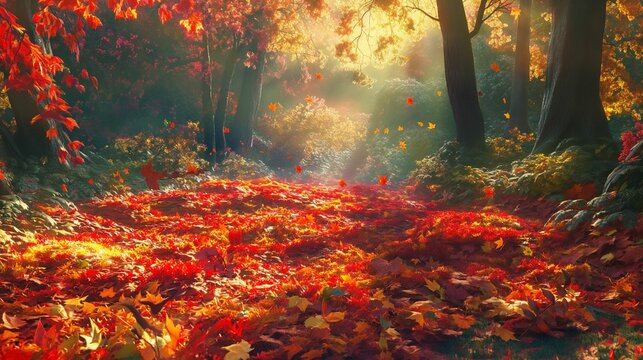Image of vibrant autumn leaves scattered across the forest.