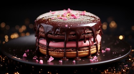Cake with a single, oversized macaron on top, dusted with edible glitter and a single chocolate...
