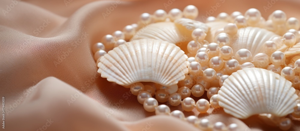 Poster pink cloth adorned with various pearls and shells, creating a delicate and elegant display