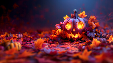 halloween monster in style of beautiful grotesque, pumpkin monster, glowing lights, autumn colors - obrazy, fototapety, plakaty
