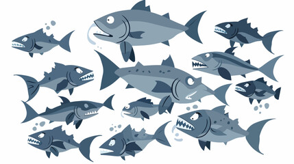 Illustration of a school of scary gray fishes flat
