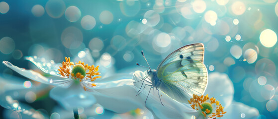 Serenade in Blue Charming Butterflies Fluttering Amidst Flowers - obrazy, fototapety, plakaty
