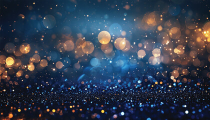 background of abstract glitter lights. blue, gold and black. A close-up view of a blue and gold background with stars. Suitable for celestial, festive, or glamorous designs. - obrazy, fototapety, plakaty
