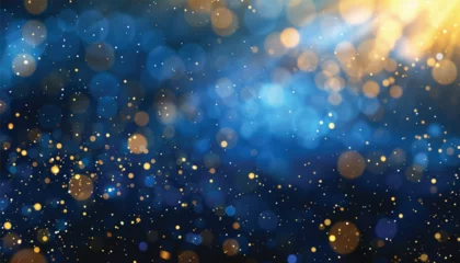 Poster background of abstract glitter lights. blue, gold and black. A close-up view of a blue and gold background with stars. Suitable for celestial, festive, or glamorous designs. © waqar