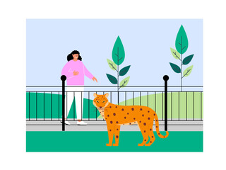 Girl visits the cheetah enclosureZoo vector illustration