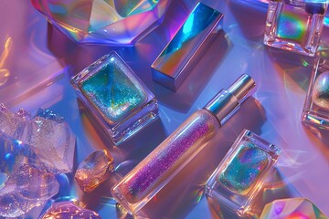 A collection of cosmetics artfully arranged on a shimmering holographic surface. 