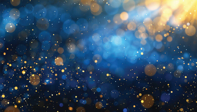 background of abstract glitter lights. blue, gold and black. A close-up view of a blue and gold background with stars. Suitable for celestial, festive, or glamorous designs.