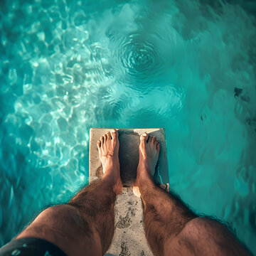 A first person view of a man standing on a diving board over a swimming pool 