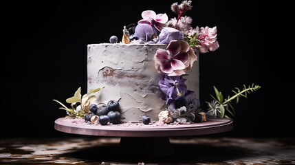 Concrete-textured cake with edible flowers and minimal frosting, topped with a single, modern number made from fondant.