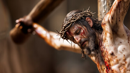 Close up image depicts Jesus Christ on the cross, with a crown of thorns and blood on his face and body. He is looking downwards, surrounded by a dark background. Copy space, 16:9