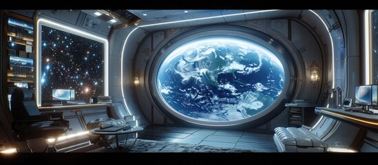 Celestial Dressing Room with Breathtaking Views of Earth and Constellations in a Futuristic Space Station - obrazy, fototapety, plakaty