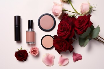 Obraz na płótnie Canvas A collection of natural-hued pinks, eco-friendly cosmetics is spread out artistically in minimalistic esthetic decorated with flowers