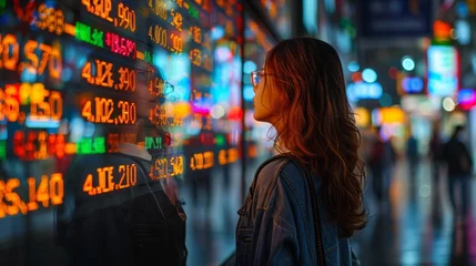 Poster A woman looking at a wall of stock prices on the screen, AI © starush