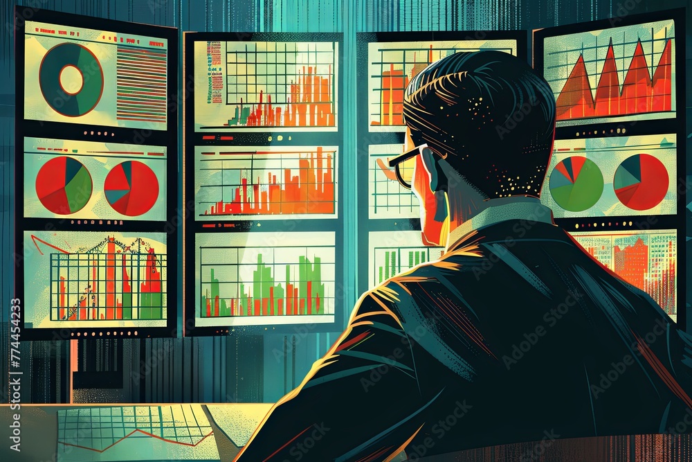 Poster a man is deeply focused on analyzing market trends displayed on a computer monitor. generative ai