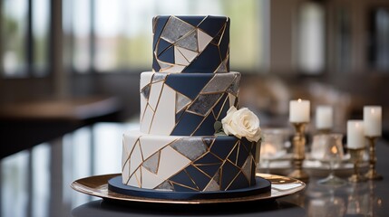Geometric cake with clean lines and metallic accents.