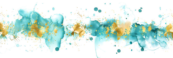 Turquoise and gold metallic watercolor paint splatter on transparent background.