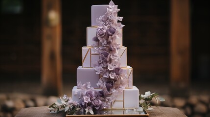 Geometric cake with clean lines and metallic accents, adorned with fresh lavender sprigs.