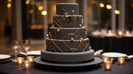 Geometric cake with clean lines and metallic accents, featuring a single, bold "90" made from fondant.