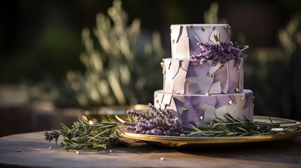 Geometric cake with clean lines and metallic accents, adorned with fresh lavender and rosemary sprigs.