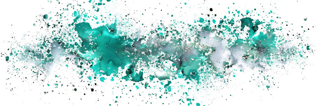 Silver and teal shimmering watercolor paint splatter on transparent background.
