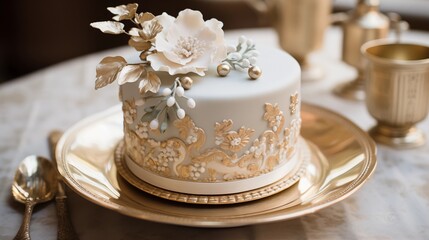 Gilded cake with a vintage brooch as a cake topper and piped calligraphy lettering.